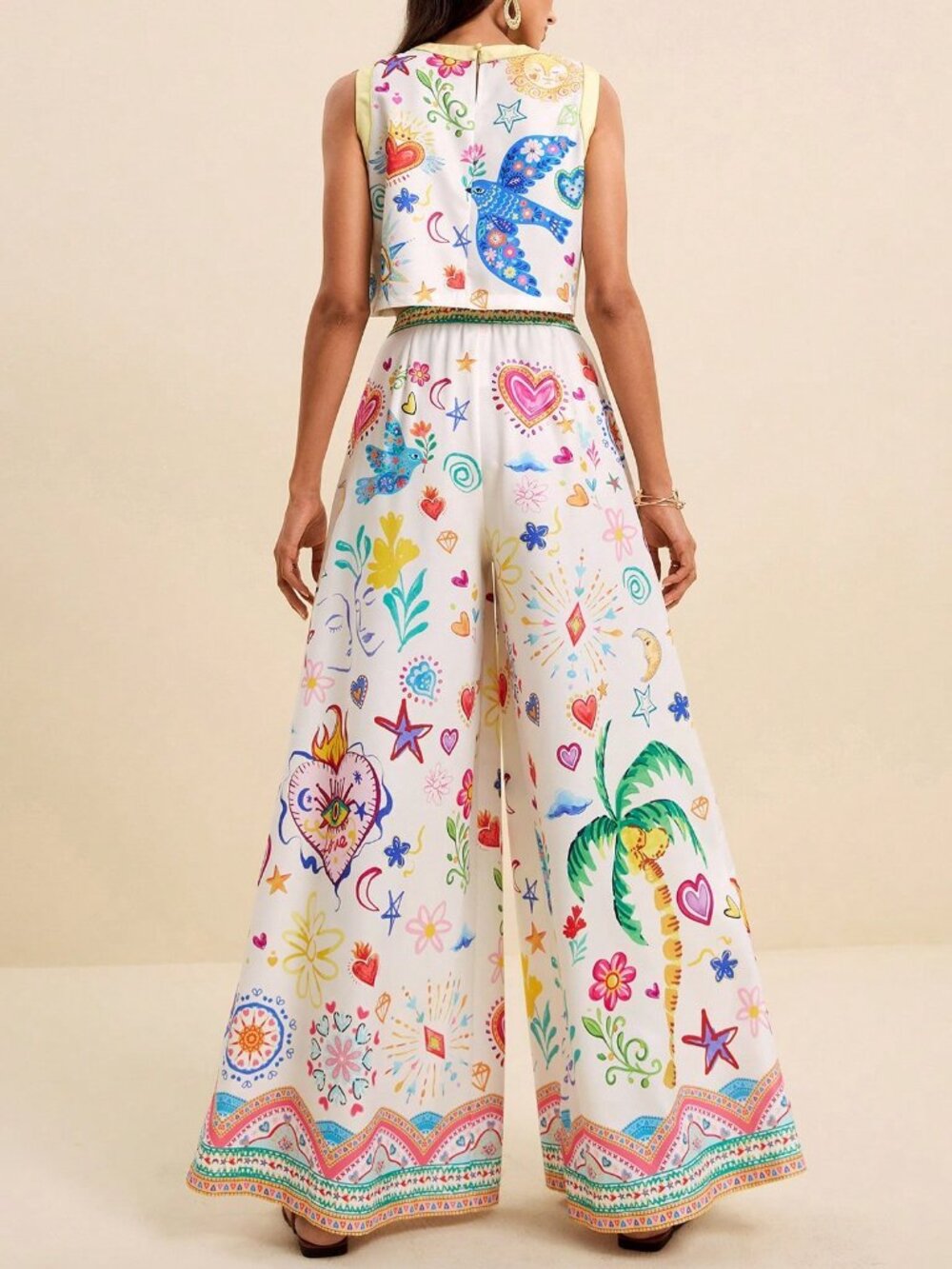 Multicolor Boho Women's Tropical Print Sleeveless Crop Top & Wide Leg Pants Set - Picture 2 of 9